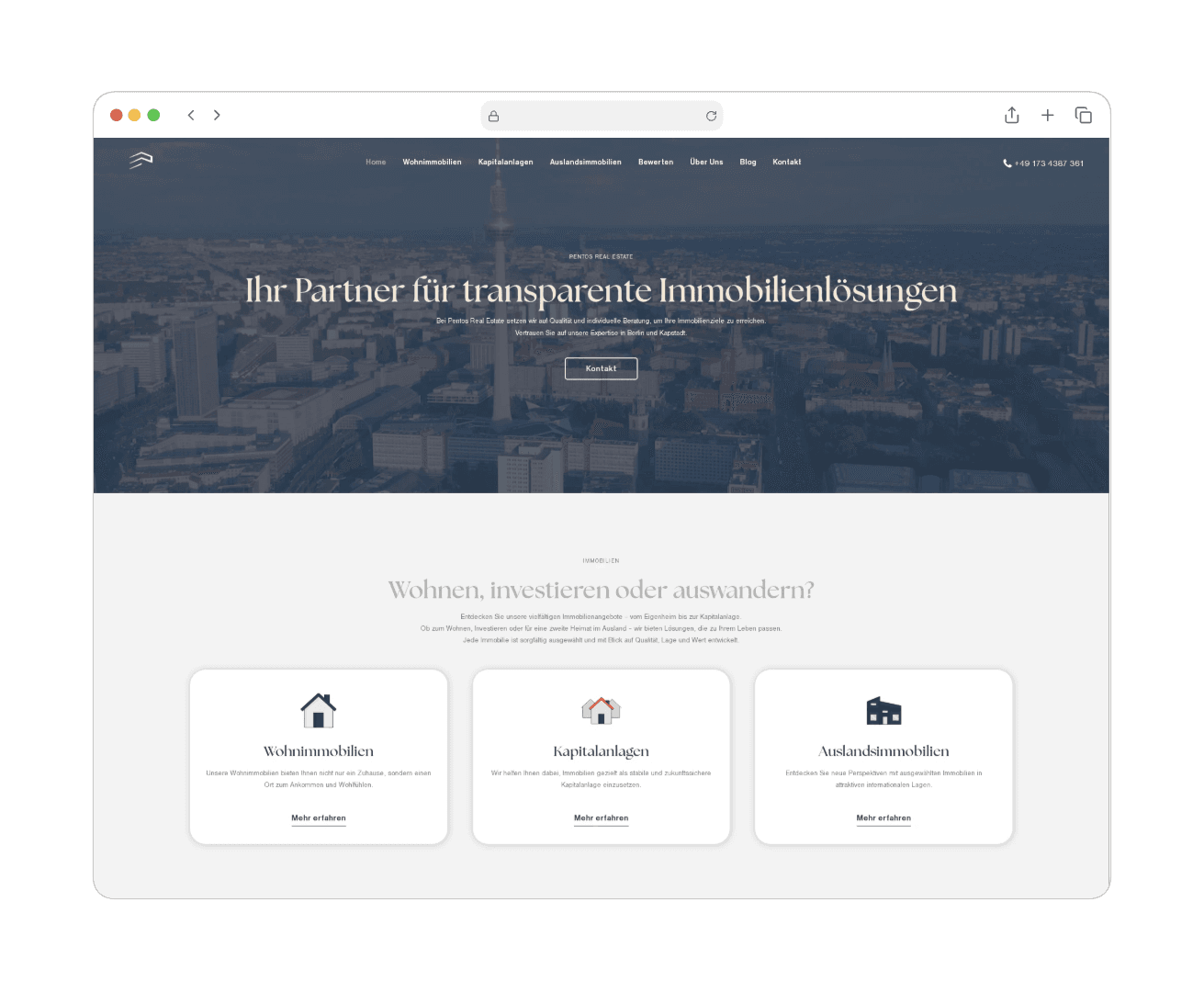 Startseite von Pentos Real Estate auf Desktop und Smartphone – Desktop-Mockup