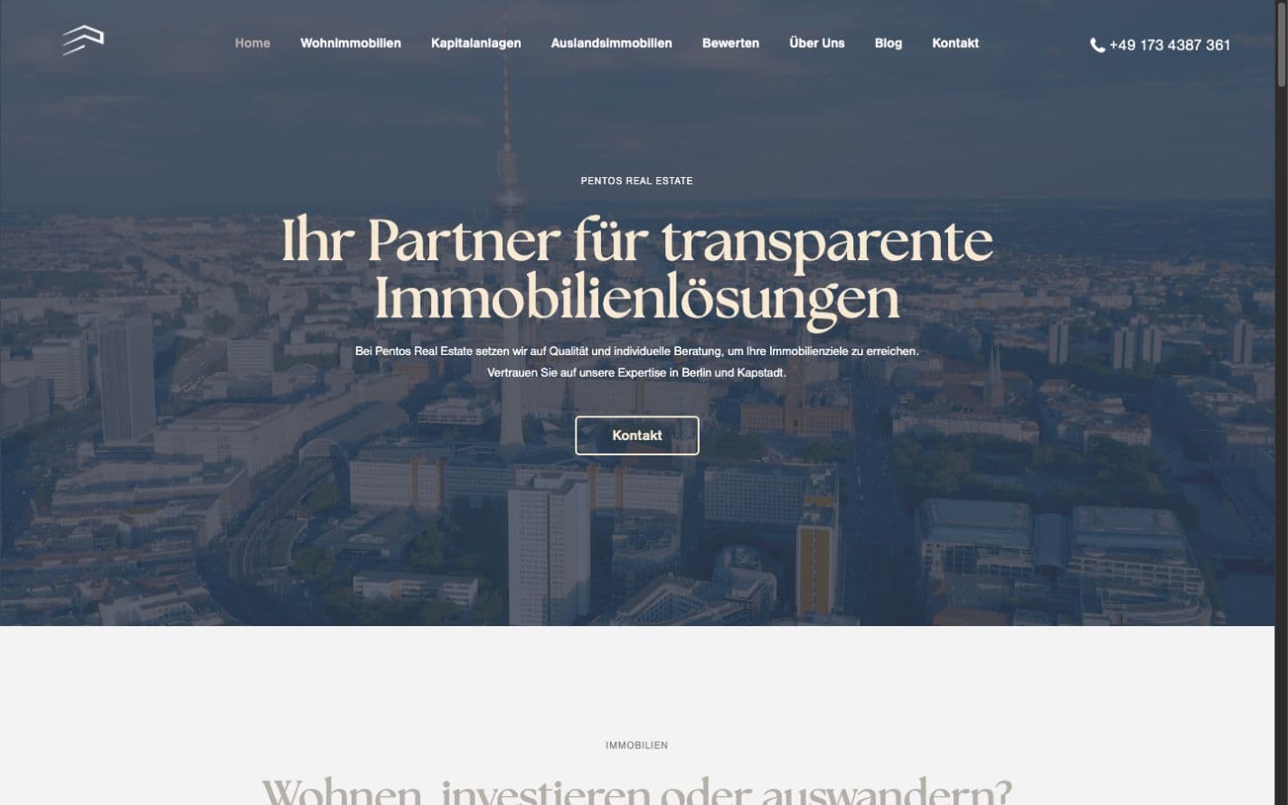 Startseite von Pentos Real Estate auf Desktop und Smartphone – große Desktopansicht