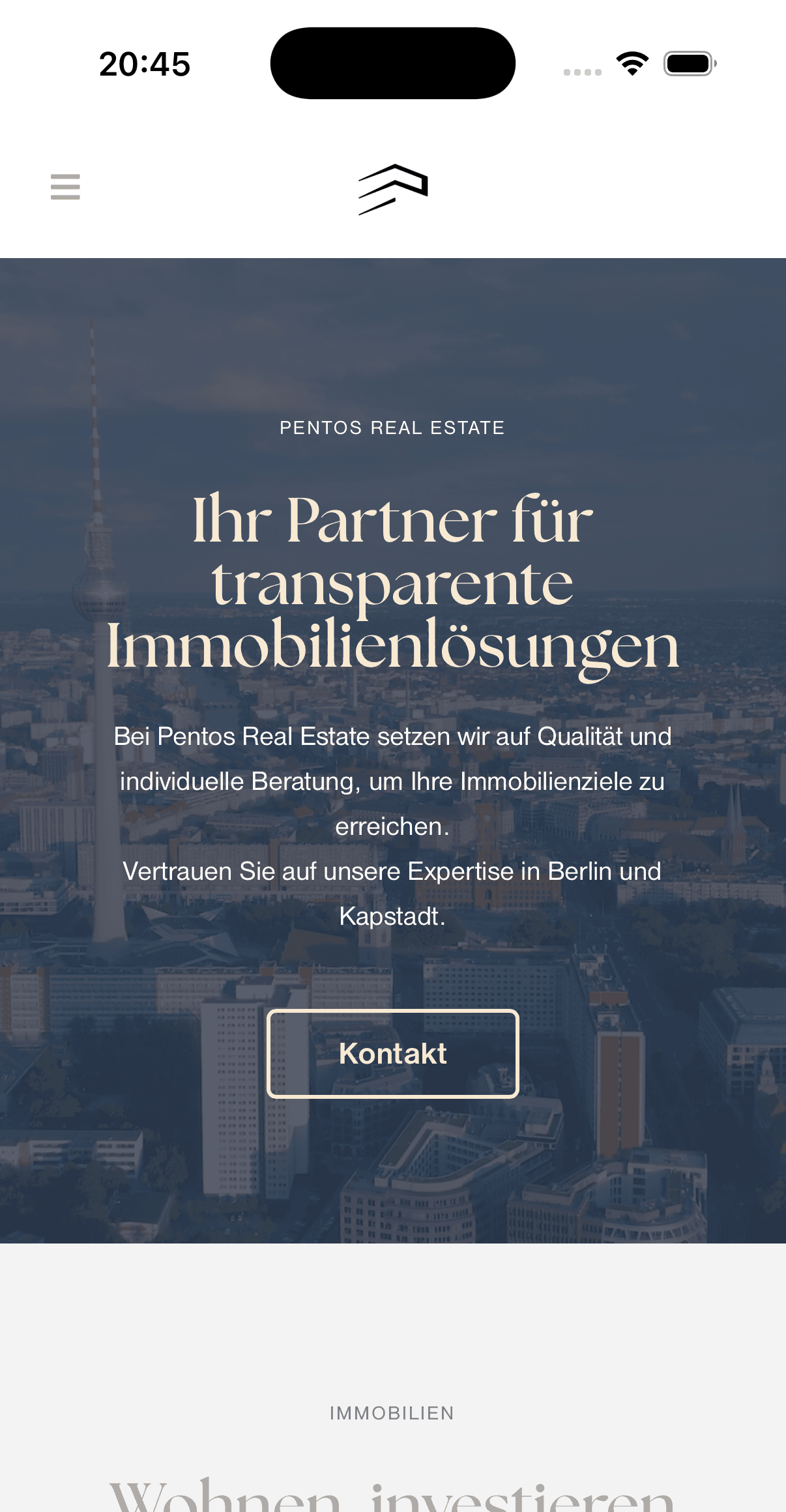 Startseite von Pentos Real Estate auf Desktop und Smartphone – große Smartphoneansicht